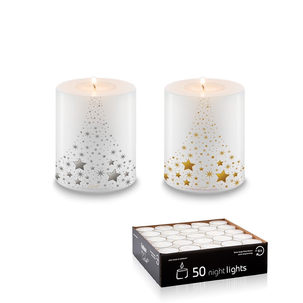 Qult Farluce Trend - Teelichthalter in Kerzenform - Christmas Collection - Set Christmas Tree Gold + Silber