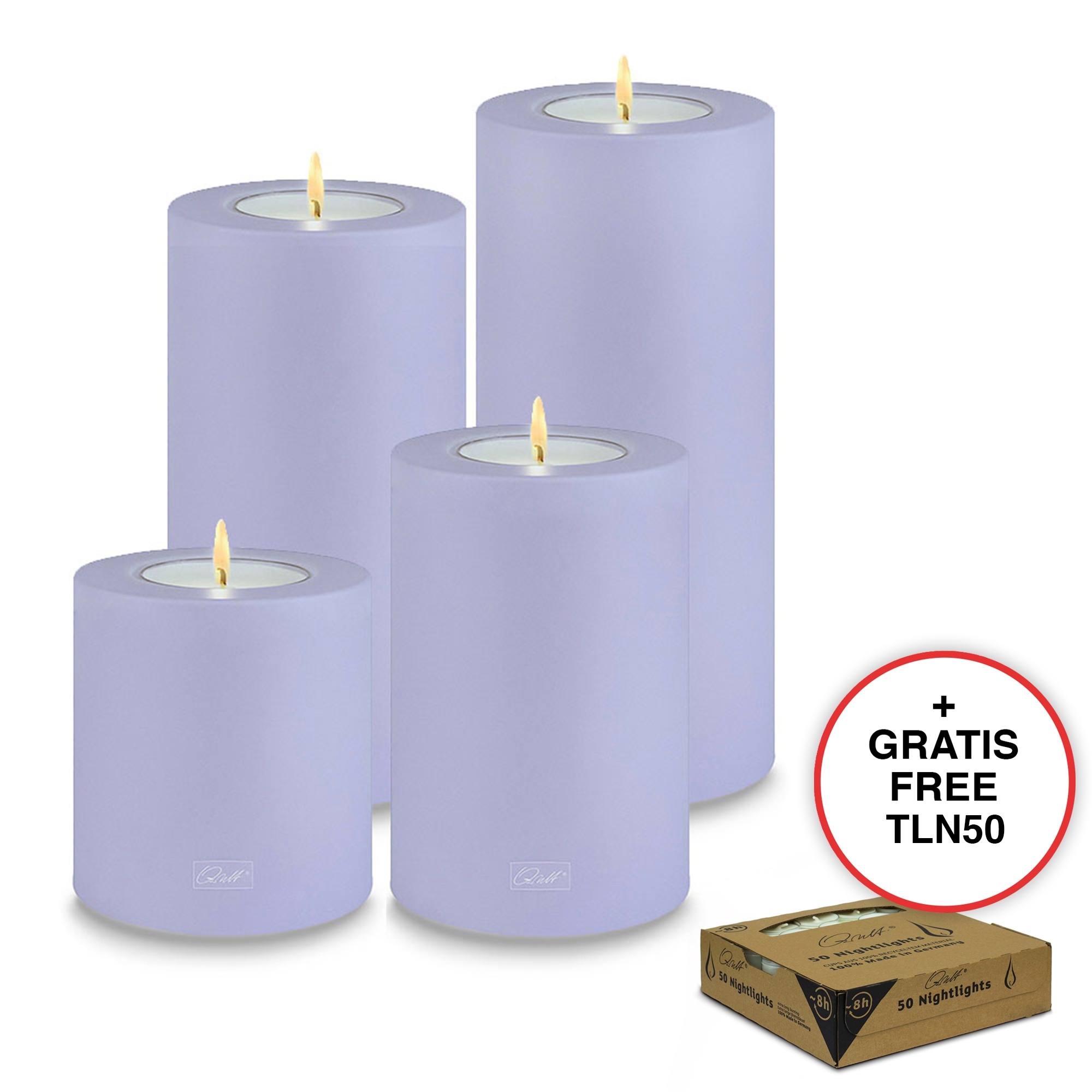 Qult Farluce Trend - Teelichthalter in Kerzenform - Lavender - Ø 8 cm H 9 + 12 + 15 + 18 cm - 4er Set