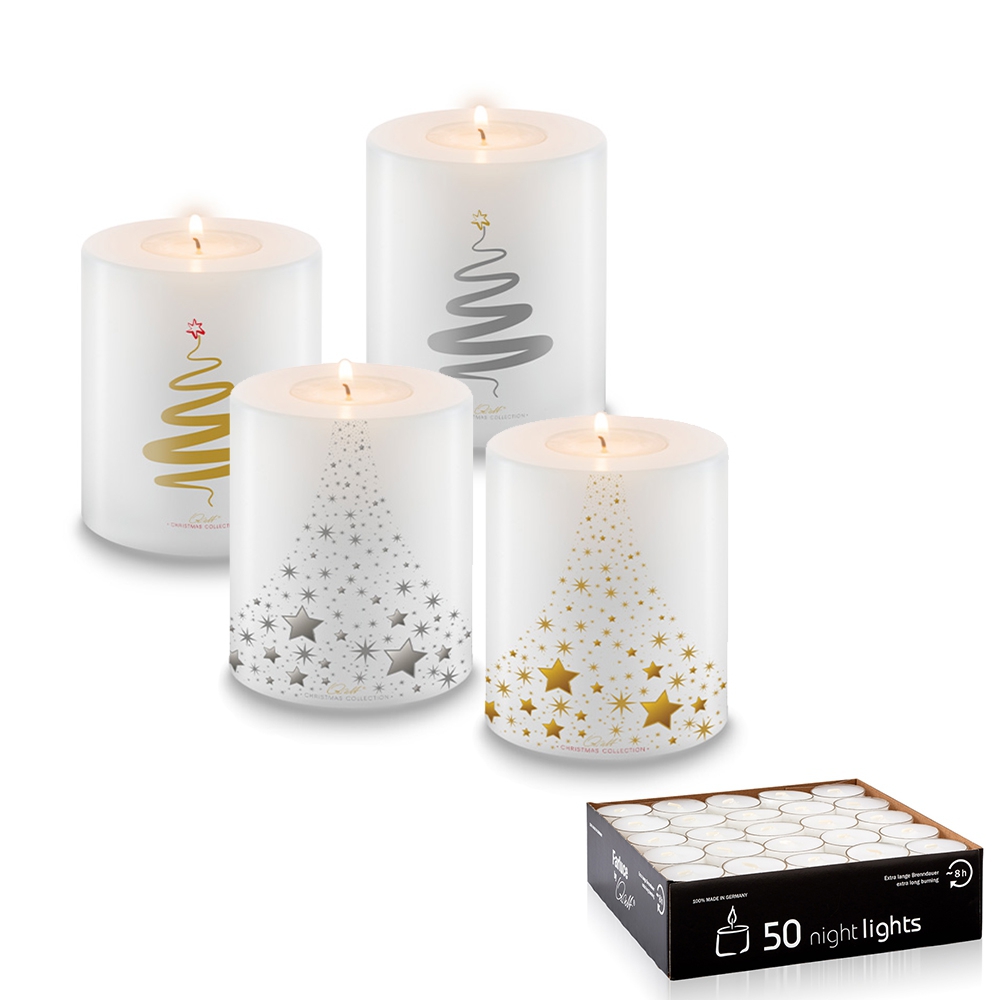 Qult Farluce Trend - Teelichthalter in Kerzenform - Christmas Collection - Set Christmas Tree Gold + Silber