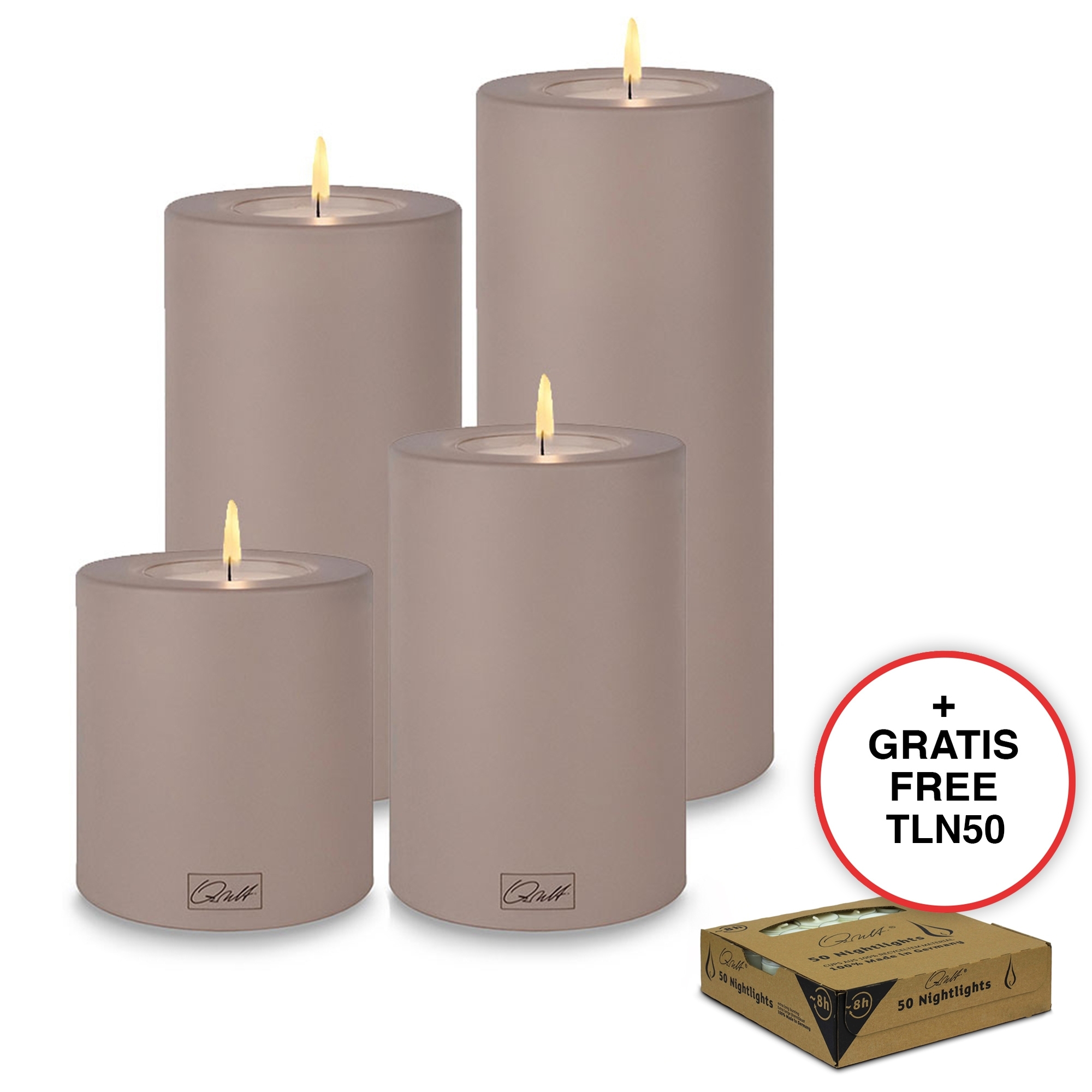 Qult Farluce Trend - Teelichthalter in Kerzenform - Taupe - Ø 8 cm H 9 + 12 + 15 + 18 cm - 4er Set