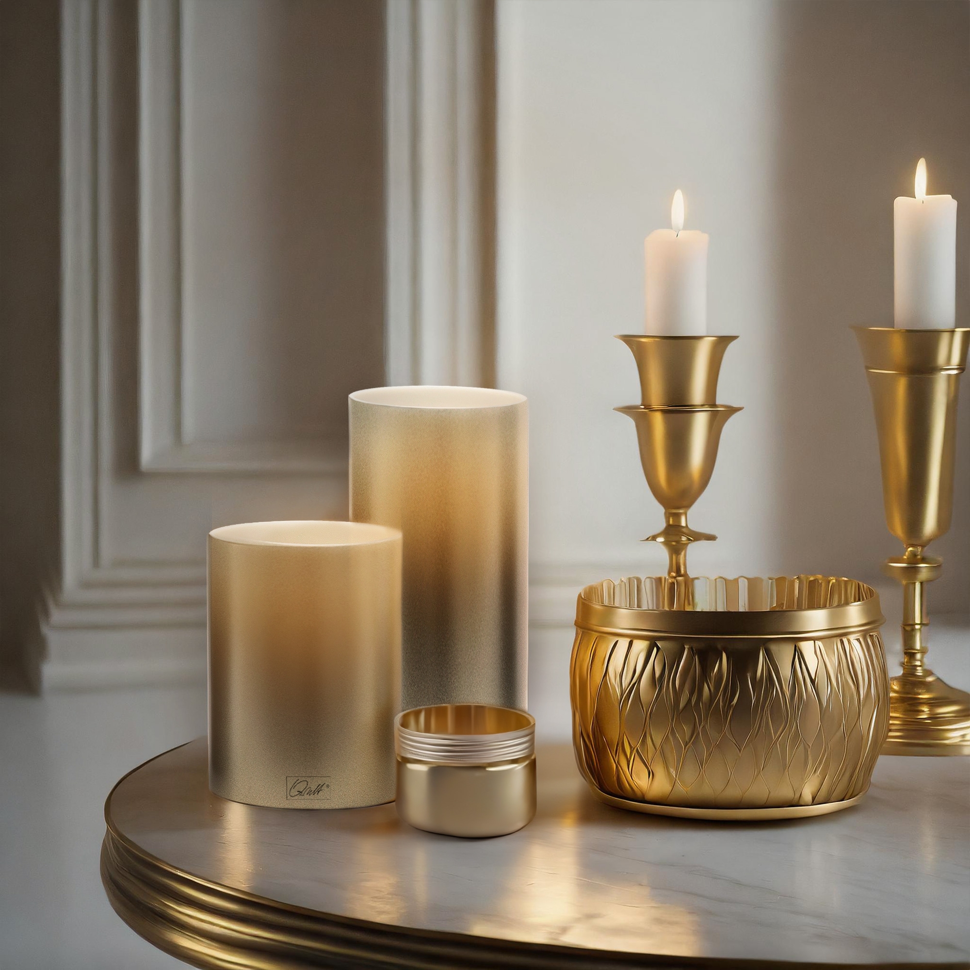 Qult Farluce Inside Metallic - Teelichthalter in Kerzenform Ø 8 cm - Creme Gold