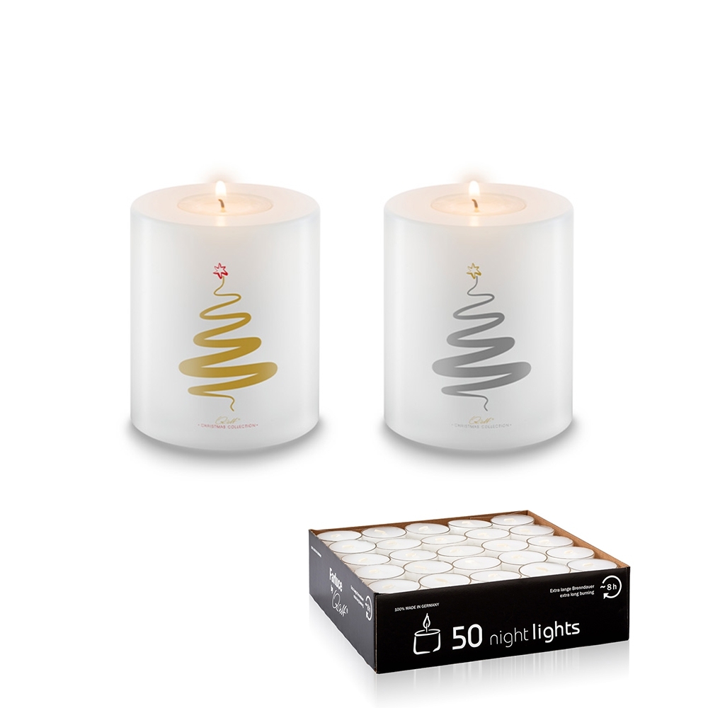 Qult Farluce Trend - Teelichthalter in Kerzenform - Christmas Collection - Set Christmas Tree Gold + Silber