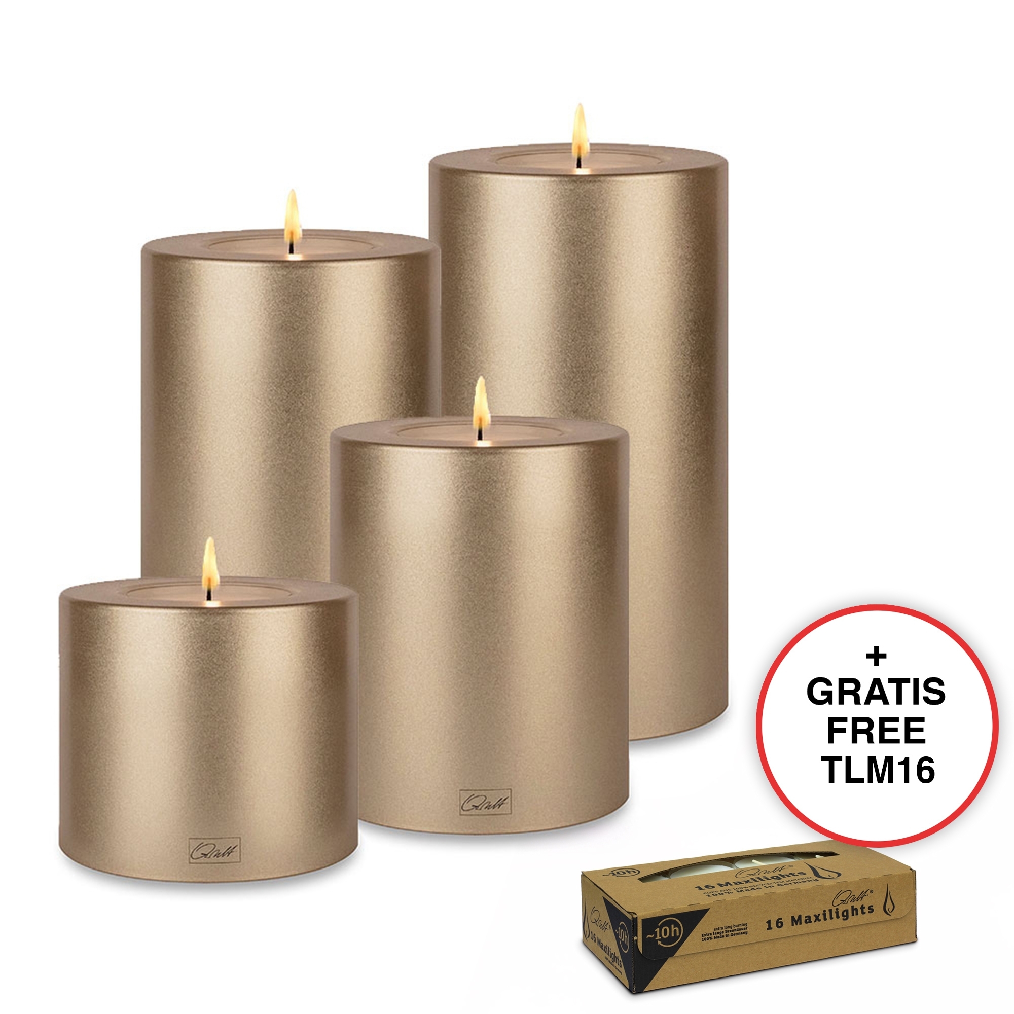 Qult Farluce Trend - Teelichthalter in Kerzenform - Cream Gold - Ø 10 cm H 8 + 12 + 15 + 18 cm - 4er Set
