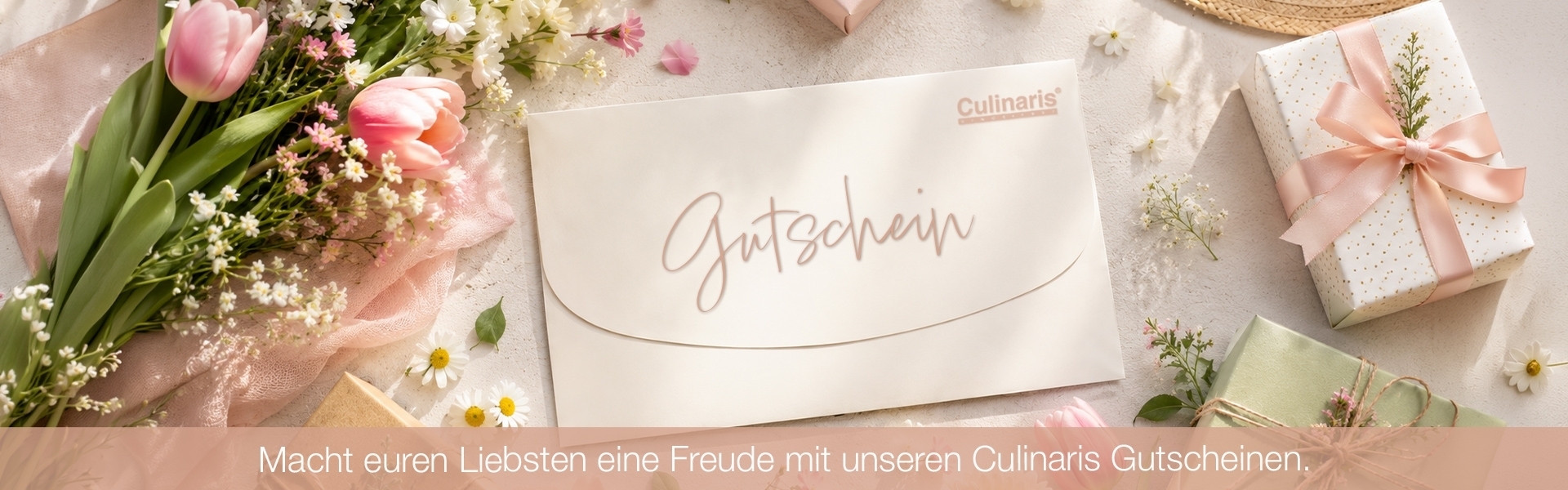 CulinariS Gutschein mit Blumen und verpackten Geschenken