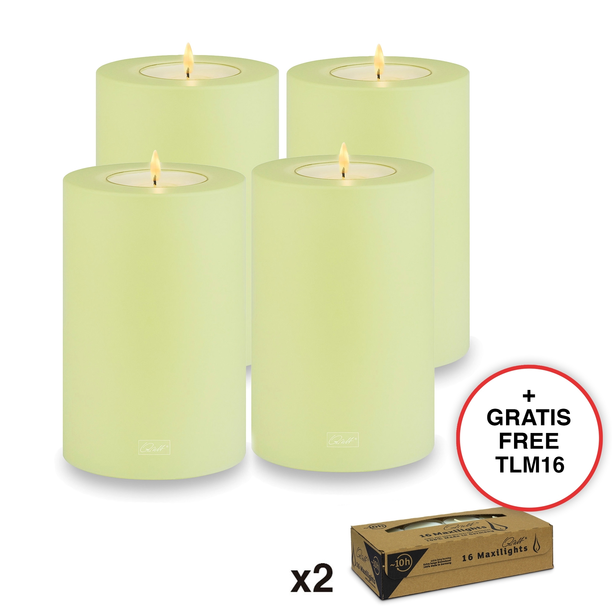 Qult Farluce Trend - Teelichthalter in Kerzenform - Lime - Ø 10 cm H 15 cm + 2 x TLM16 - 4er Set