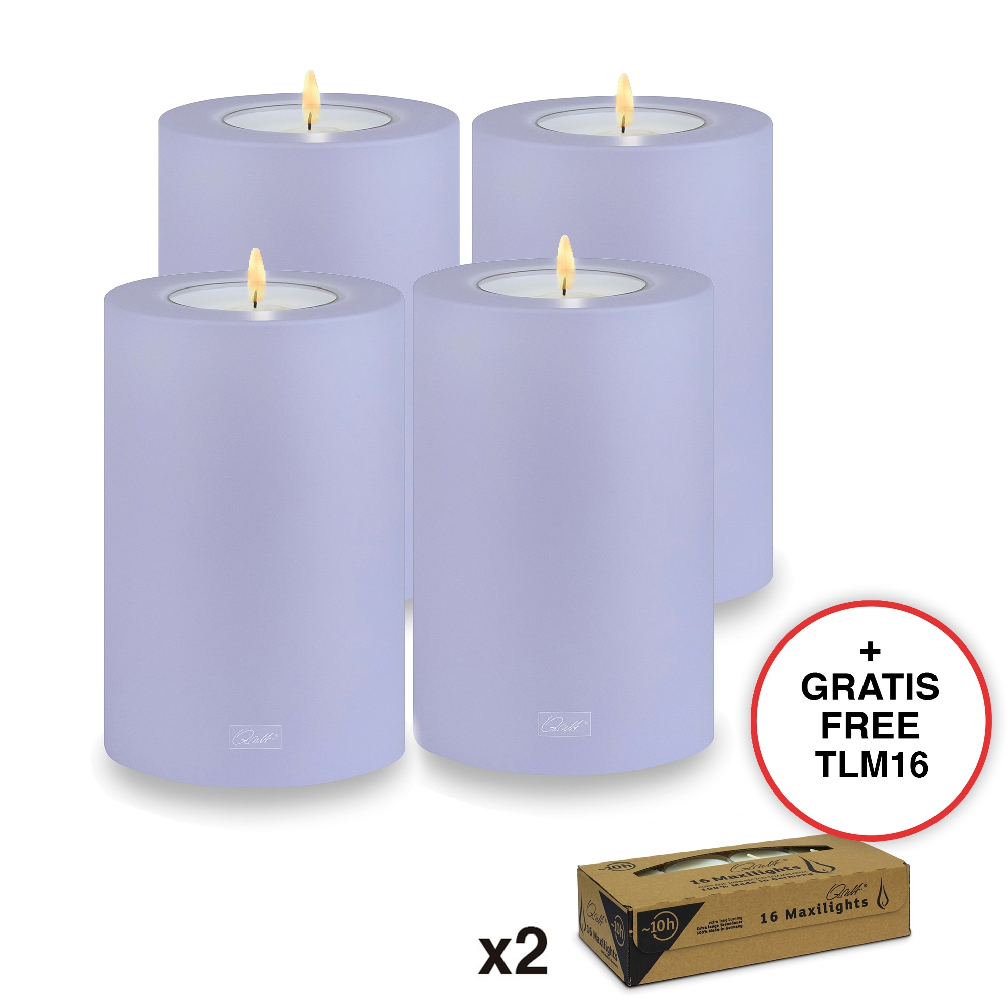 Qult Farluce Trend - Teelichthalter in Kerzenform - Lavendel - Ø 10 cm H 15 cm + 2 x TLM16 - 4er Set